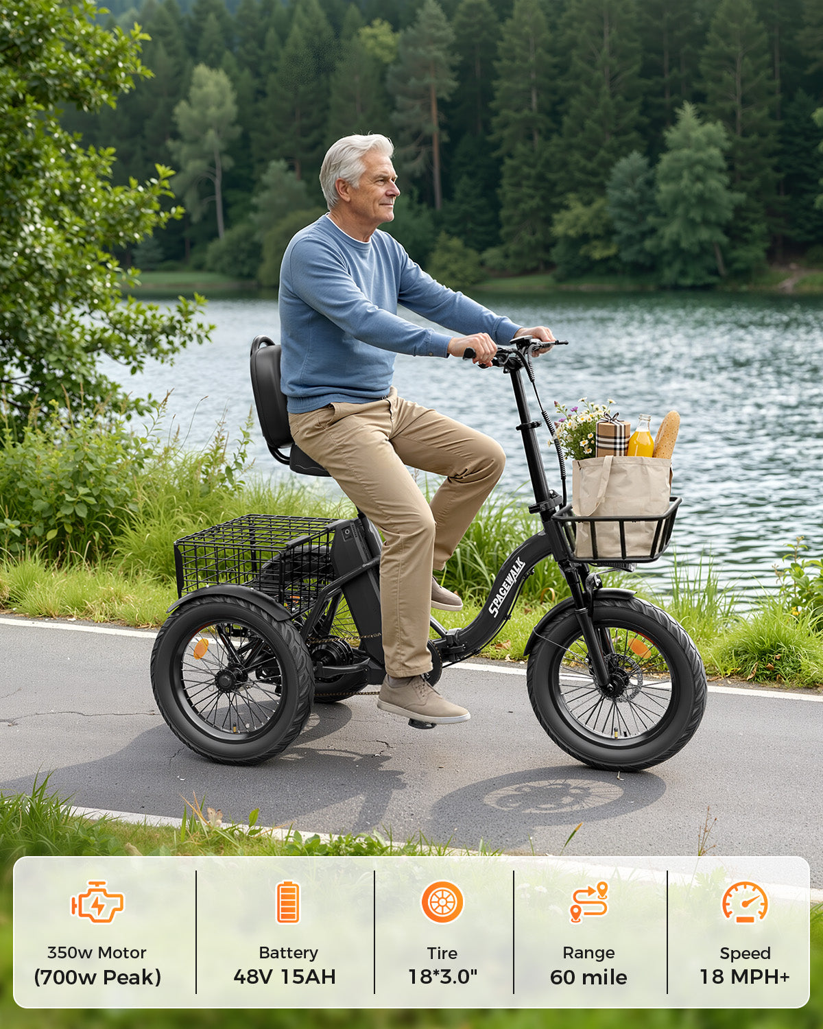 Eilleo Spacewalk 18" Folding Electric Trike with Rear Basket
