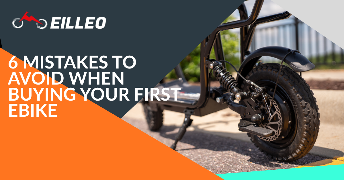 Close-up of an EILLEO electric bike rear wheel, disc brake, and rear suspension system, with graphic overlay text '6 MISTAKES TO AVOID WHEN BUYING YOUR FIRST EBIKE'.