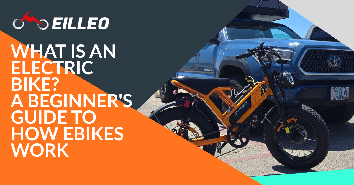 A M7 EILLEO moped-style fat tire electric bike parked in front of a blue pickup truck, featured with text 'WHAT IS AN ELECTRIC BIKE? A BEGINNER'S GUIDE TO HOW EBIKES WORK'.