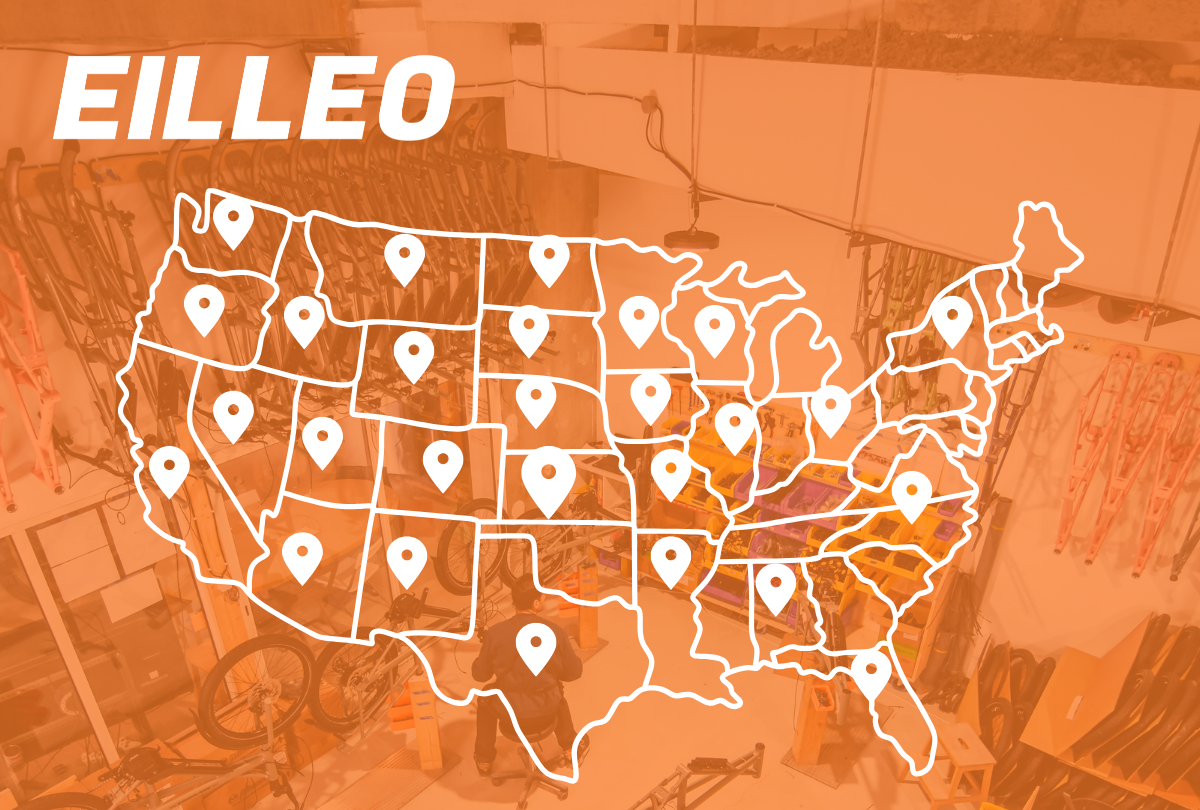 A promotional graphic with the word EILLEO at the top left over an orange-tinted photo of a bicycle shop interior. A white outlined map of the United States is centered, with many pin markers placed across states to indicate locations.