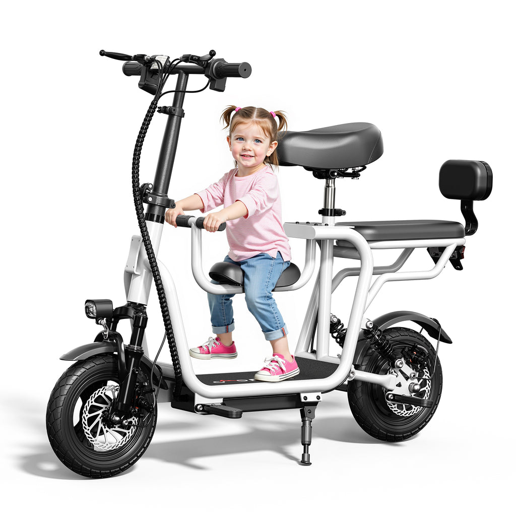 Eilleobike's 3 seated scooter with a little girl sitting on it. White color