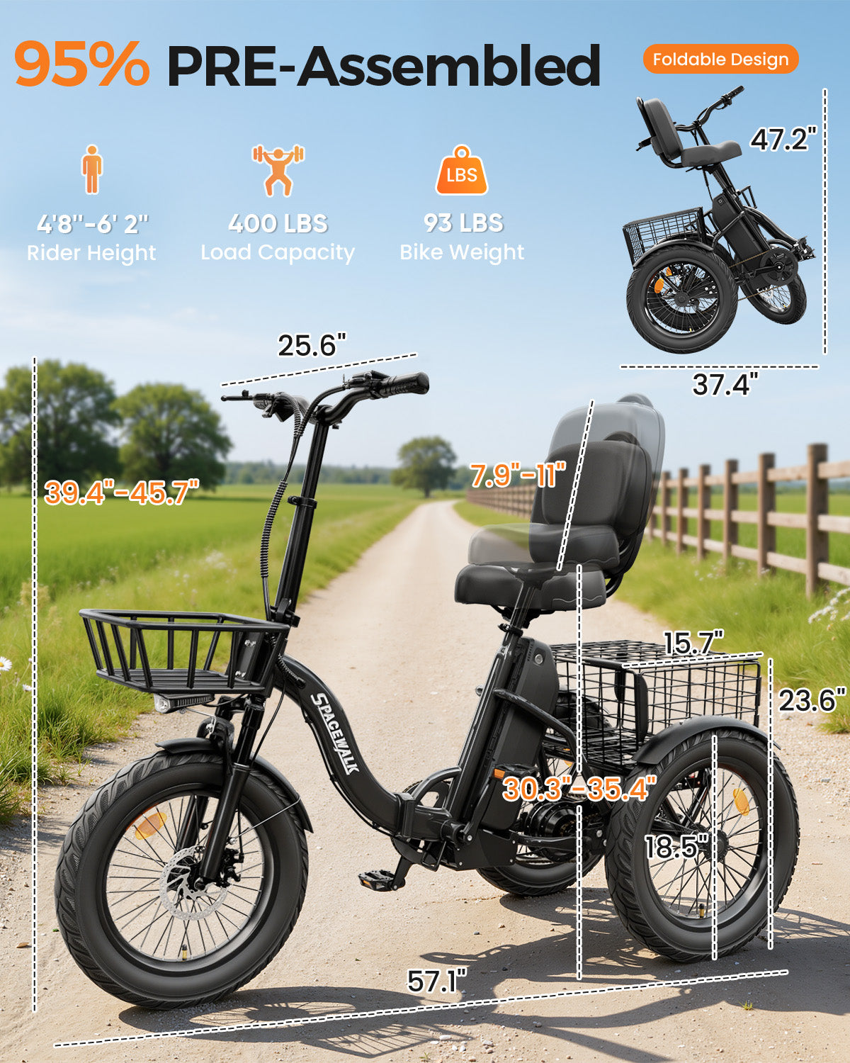 Eilleo Spacewalk U100 18" Folding Electric Trike with Rear Basket