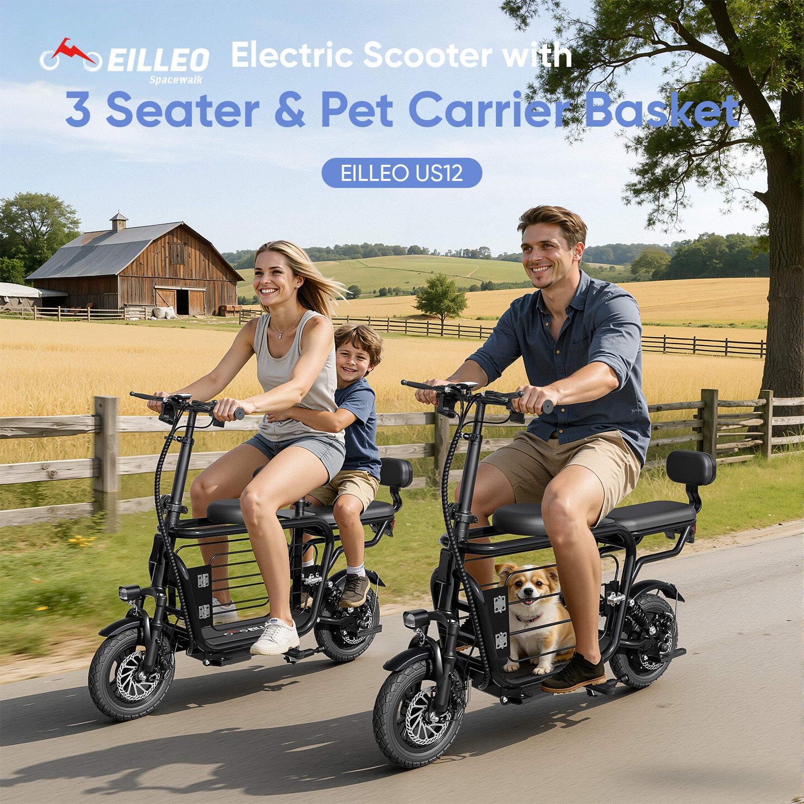 EILLEO Electric Scooter with 3 Seats & Dog Basket