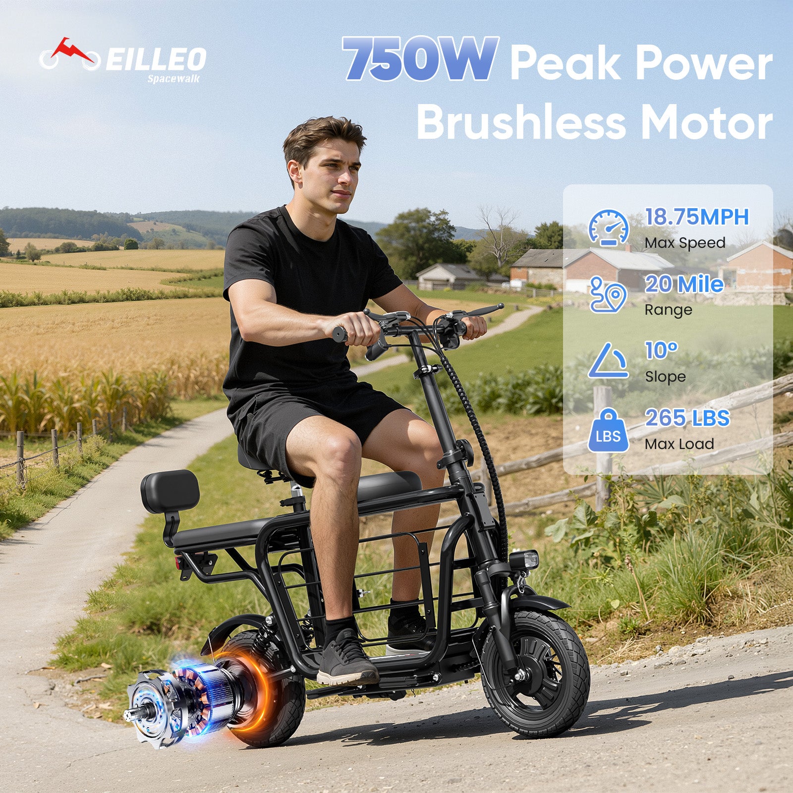 EILLEO Electric Scooter with 3 Seats & Dog Basket