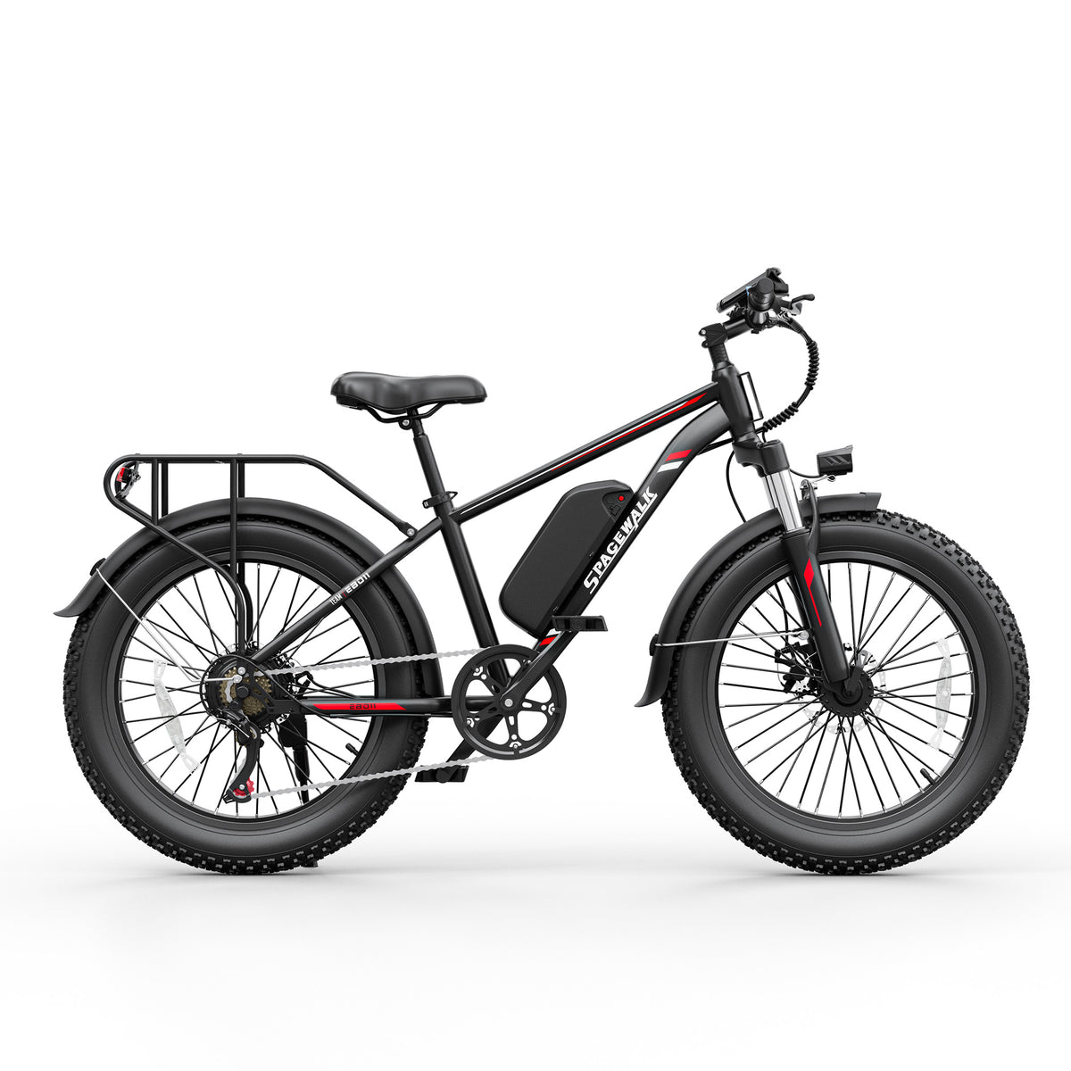 EILLEO Spacewalk  Titan black frames with red and white stripes folding electric bike with 20x4.0 fat tires and step-thru frame on clean white background